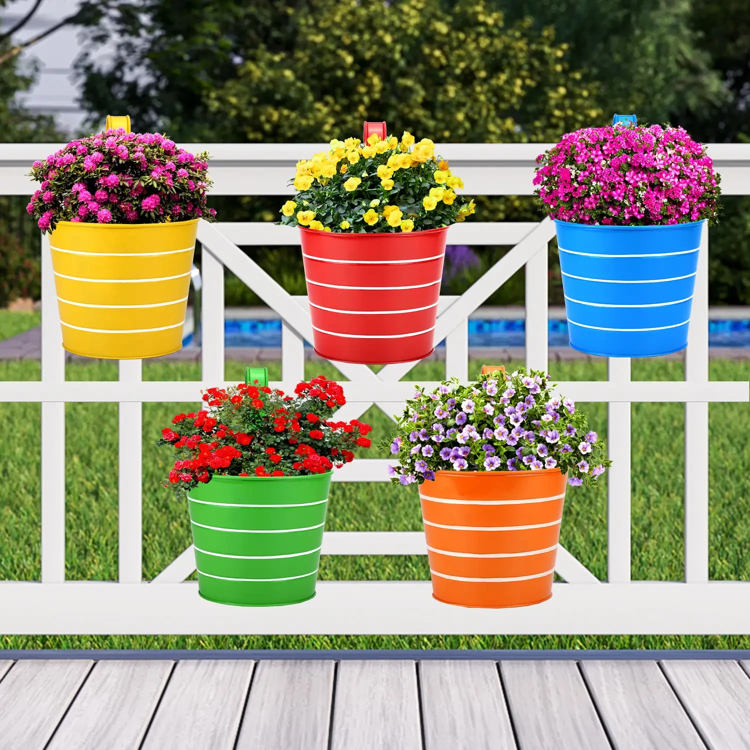 Set of 5 Colorful Metal Hanging Planters | Balcony Railing Flower Pots for Indoor & Outdoor Gardening