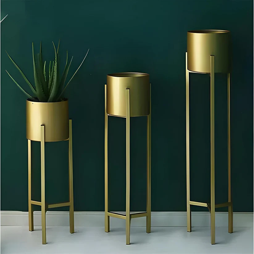 Luxury Metal Plant Stand Set of 3 in Matte Gold Finish | Modern Tall Indoor Planters for Living Room Décor