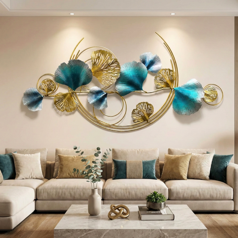 Luxury Blue & Gold Ginkgo Metal Wall Art – Large Horizontal Designer Wall Décor
