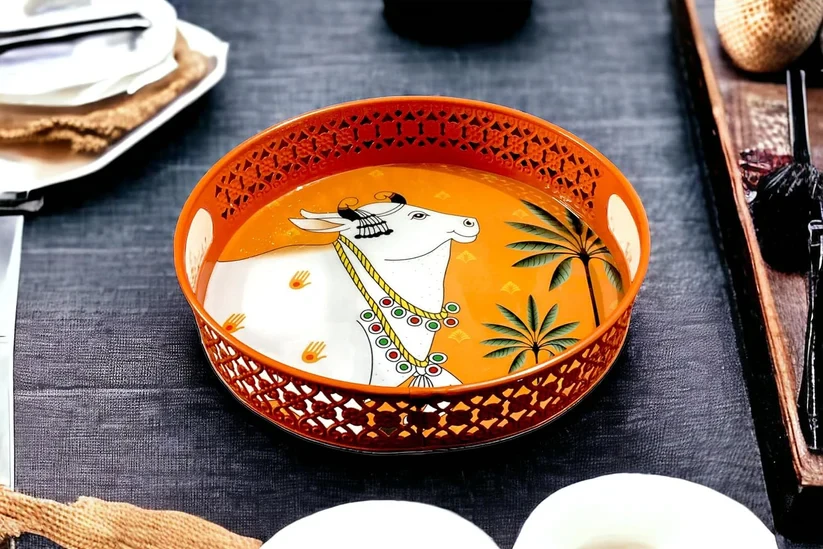 Decorative Wooden Serving Tray with Sacred Cow Print | Round Cutwork Tea & Snack Tray with Handles | Traditional Home Decor & Gifting Tray
