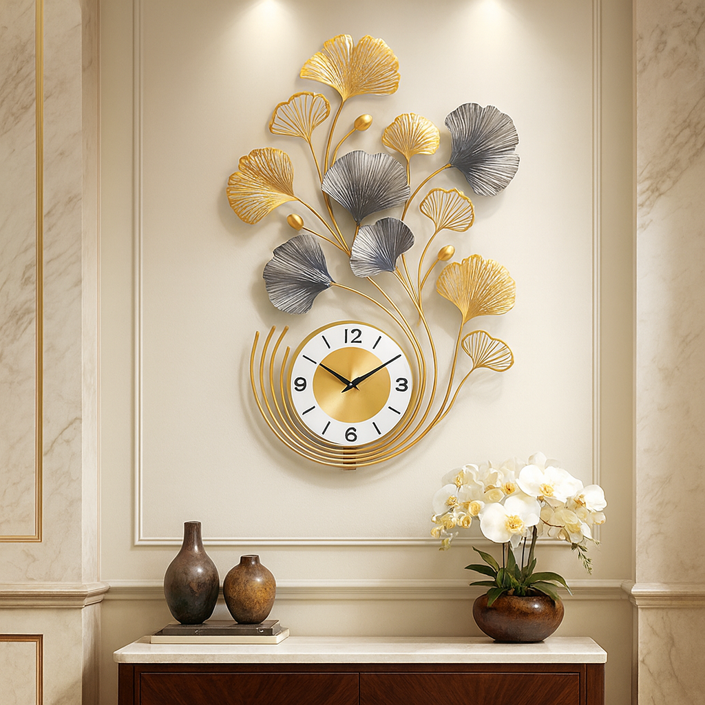 Luxury Floral Ginkgo Metal Wall Clock – Gold & Silver Modern Designer Clock