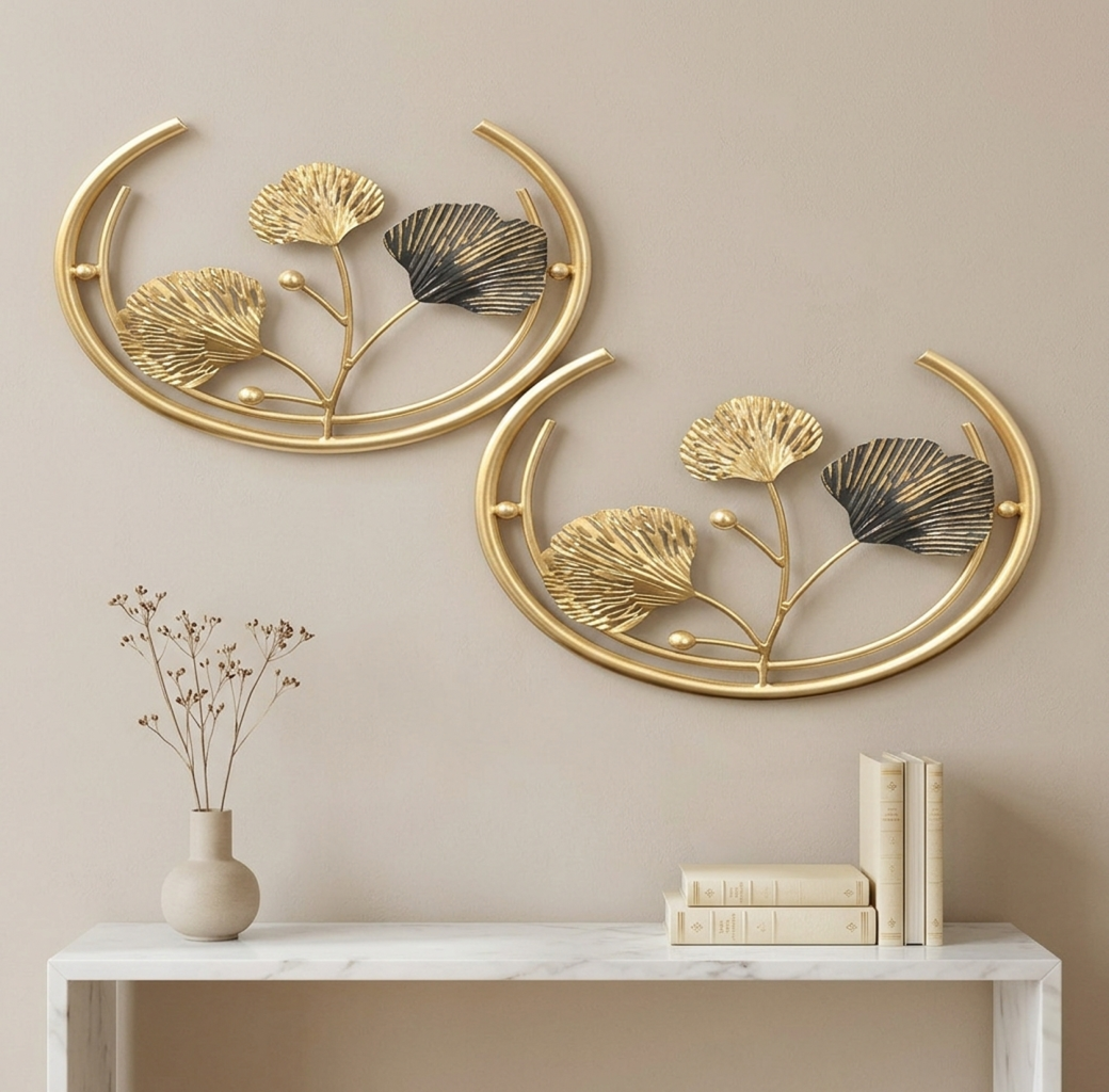 Luxury Golden Metal Leaf Wall Art – Set of 2 Decorative Wall Panels