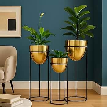 Luxury Gold Metal Planter Stand Set of 3 | Modern Tall Indoor Plant Holders with Black Iron Frame