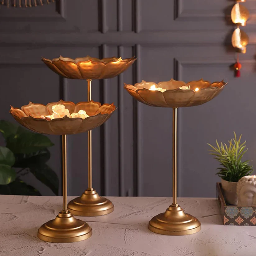 Elegant Metal Urli Stand Set with Lotus Bowls | Floating Candle & Flower Stand for Diwali Decoration | Festive Table Centerpiece for Home, Wedding & Pooja (Set of 3)