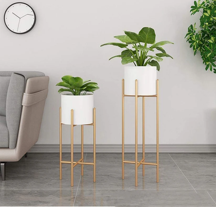 Modern White & Gold Metal Plant Stand Set of 2 | Minimal Indoor Planters for Living Room & Home Déco