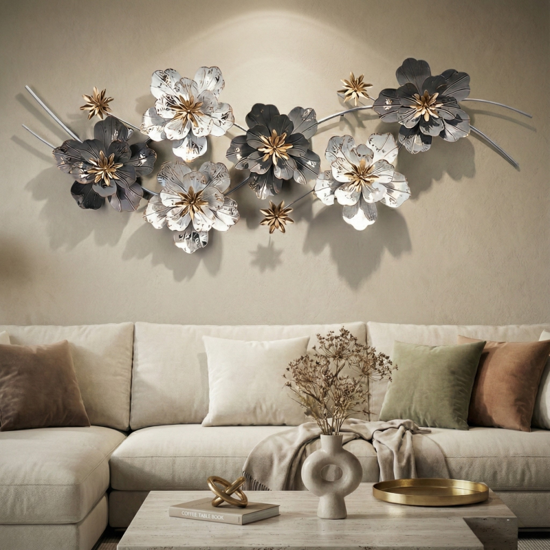 Luxury Floral Metal Wall Art – Grey & White Horizontal Designer Wall Décor