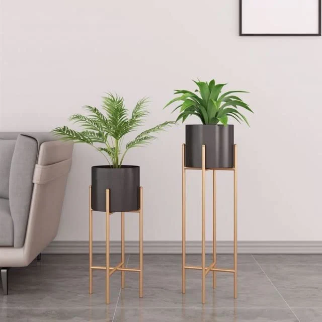 Modern Black & Gold Metal Plant Stand Set of 2 | Minimal Indoor Planters for Living Room & Home Décor