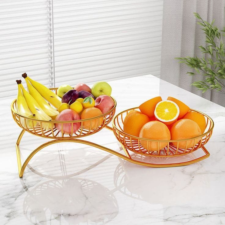 Luxury Double Bowl Gold Fruit Basket – Modern Metal Countertop Fruit Organizer