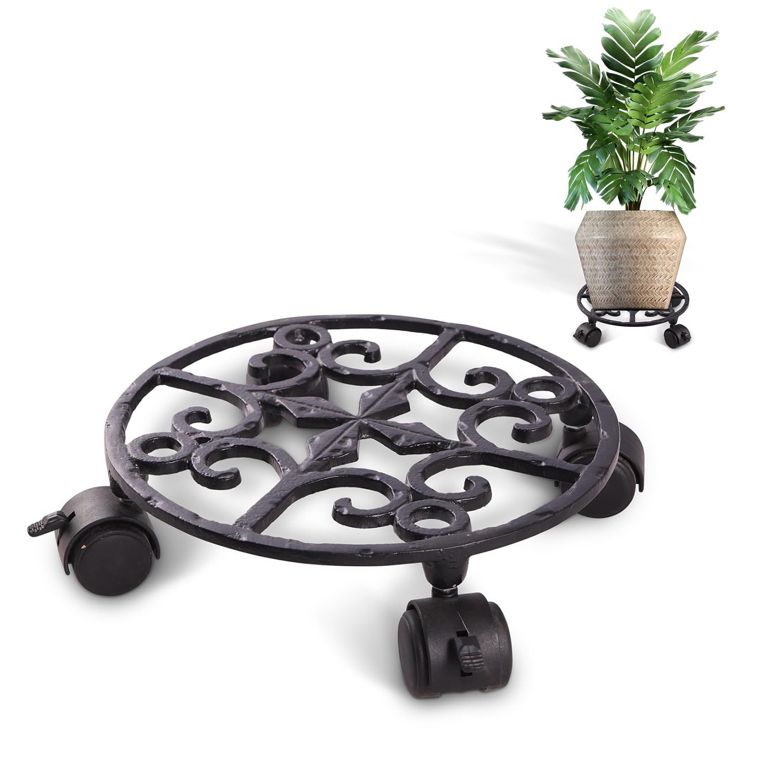 Elegant Cast Iron Round Plant Stand with Lockable Wheels | Heavy-Duty Rolling Flower Pot Trolley for Indoor & Outdoor Use