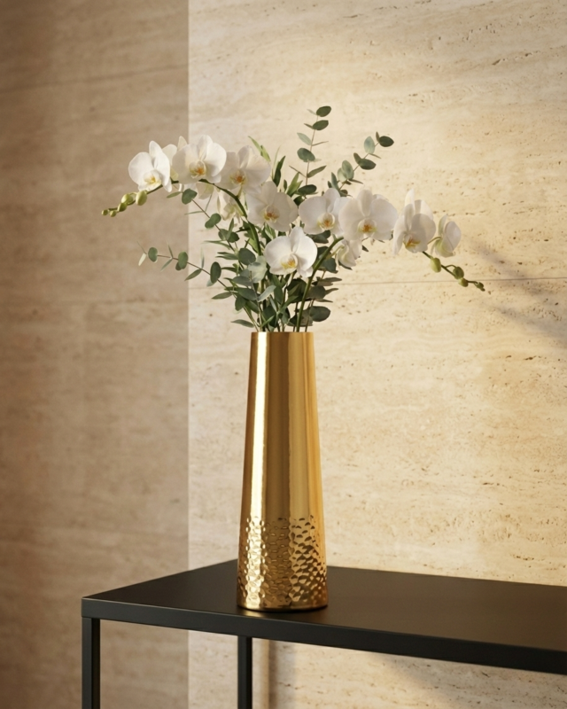 Luxury Gold Metal Flower Vase for Home Décor | Tall Hammered Decorative Vase for Living Room, Console Table & Office | Modern Designer Floral Vase
