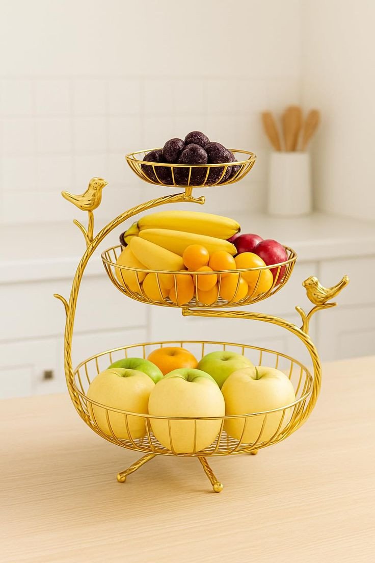Luxury 3-Tier Gold Bird Design Fruit Basket – Decorative Metal Countertop Organizer