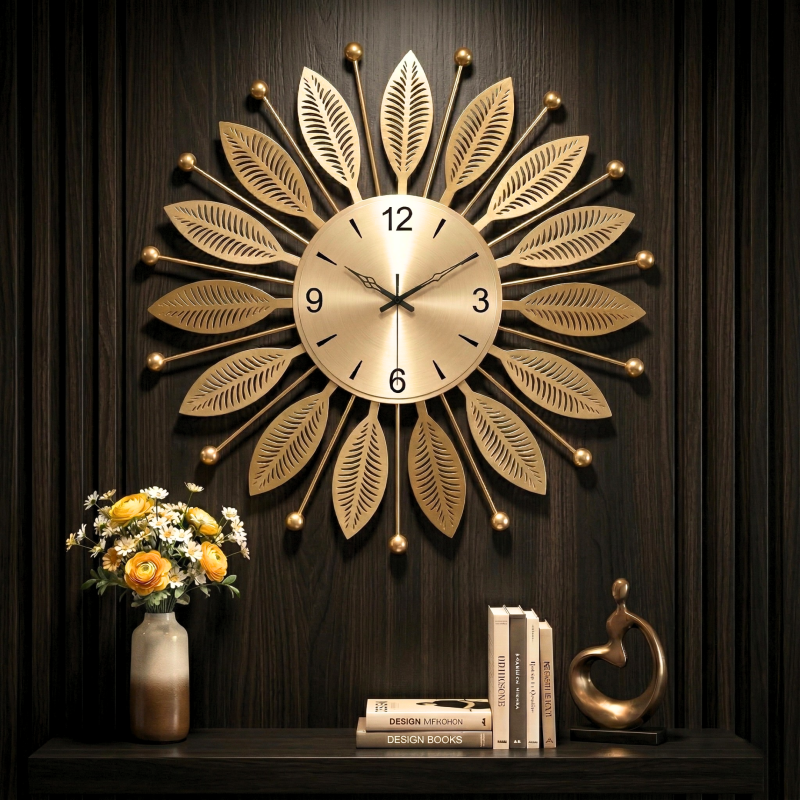 Luxury Gold Metal Leaf Wall Clock – Elegant Sunburst Designer Wall Clock for Living Room & Office Décor