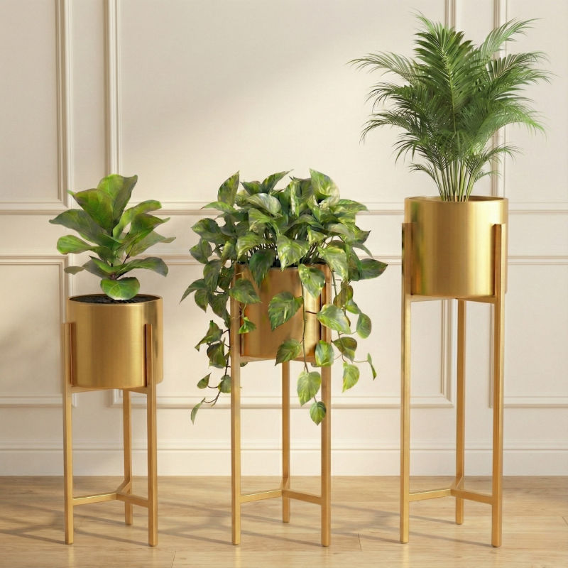Luxury Gold Metal Planter Stand Set of 3 – Modern Indoor Plant Holder