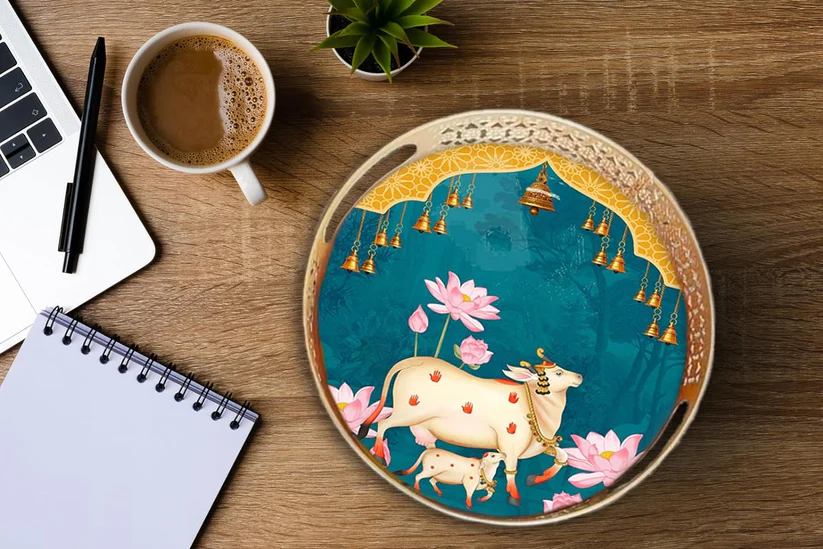 Decorative Wooden Serving Tray with Cow & Lotus Artwork | Round Tea & Snack Tray with Handles | Traditional Home Decor & Gifting Tray