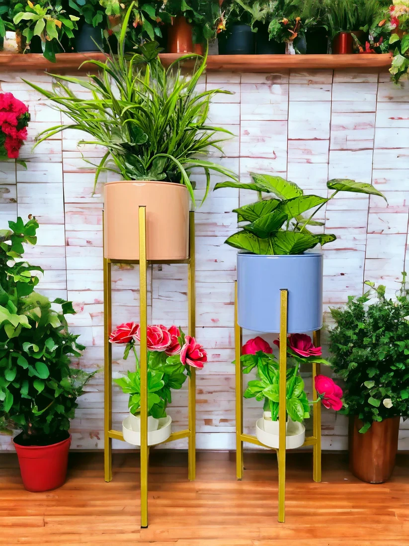 Modern Dual Color Metal Plant Stand Set of 2 with Bottom Tray | Peach & Blue Indoor Planters for Living Room Décor