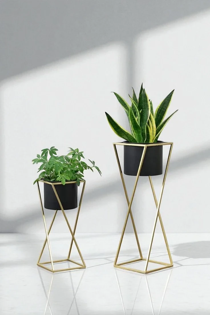 Luxury Black & Gold Criss-Cross Metal Plant Stand Set of 2 | Modern Designer Indoor Planters for Living Room Décor