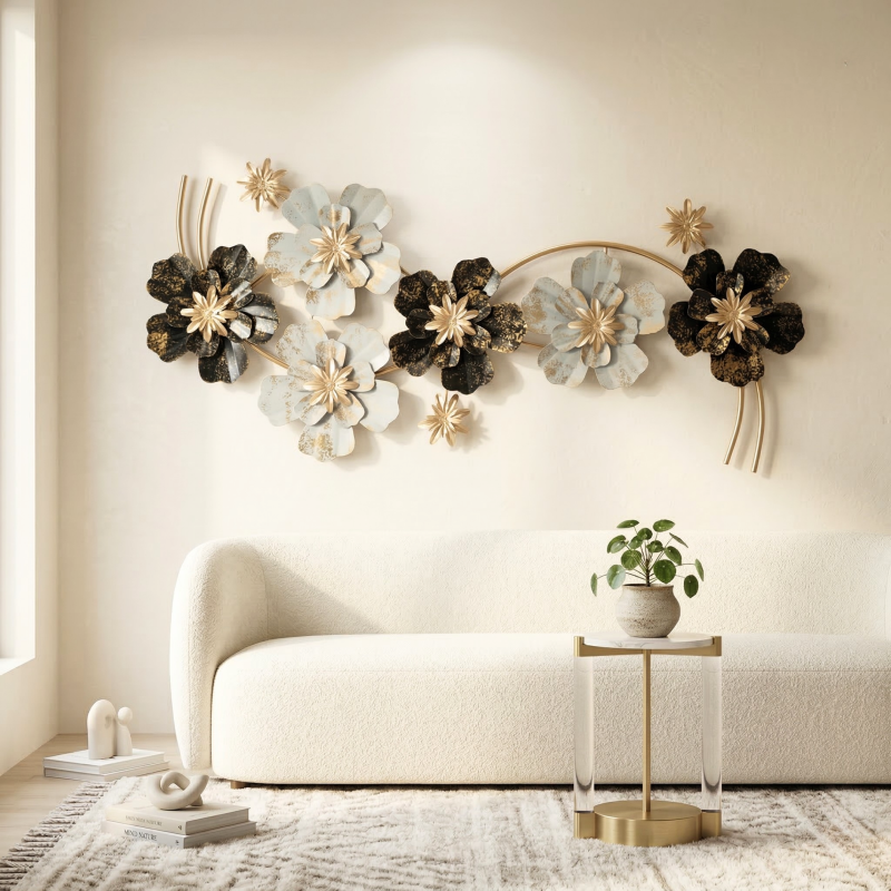 Luxury Floral Metal Wall Art – Grey & White Horizontal Designer Wall Décor