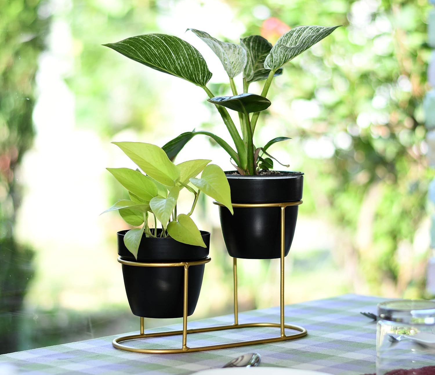 Modern Metal Planter Stand with Pots | Dual Indoor Plant Holder for Table & Home Décor | Decorative Flower Pot Stand for Living Room, Balcony & Office