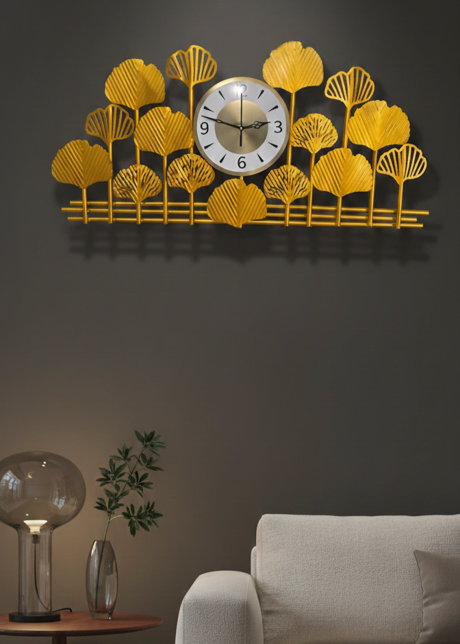 Luxury Gold Metal Leaf Wall Clock – Modern Designer Silent Wall Clock for Living Room, Bedroom & Office Décor
