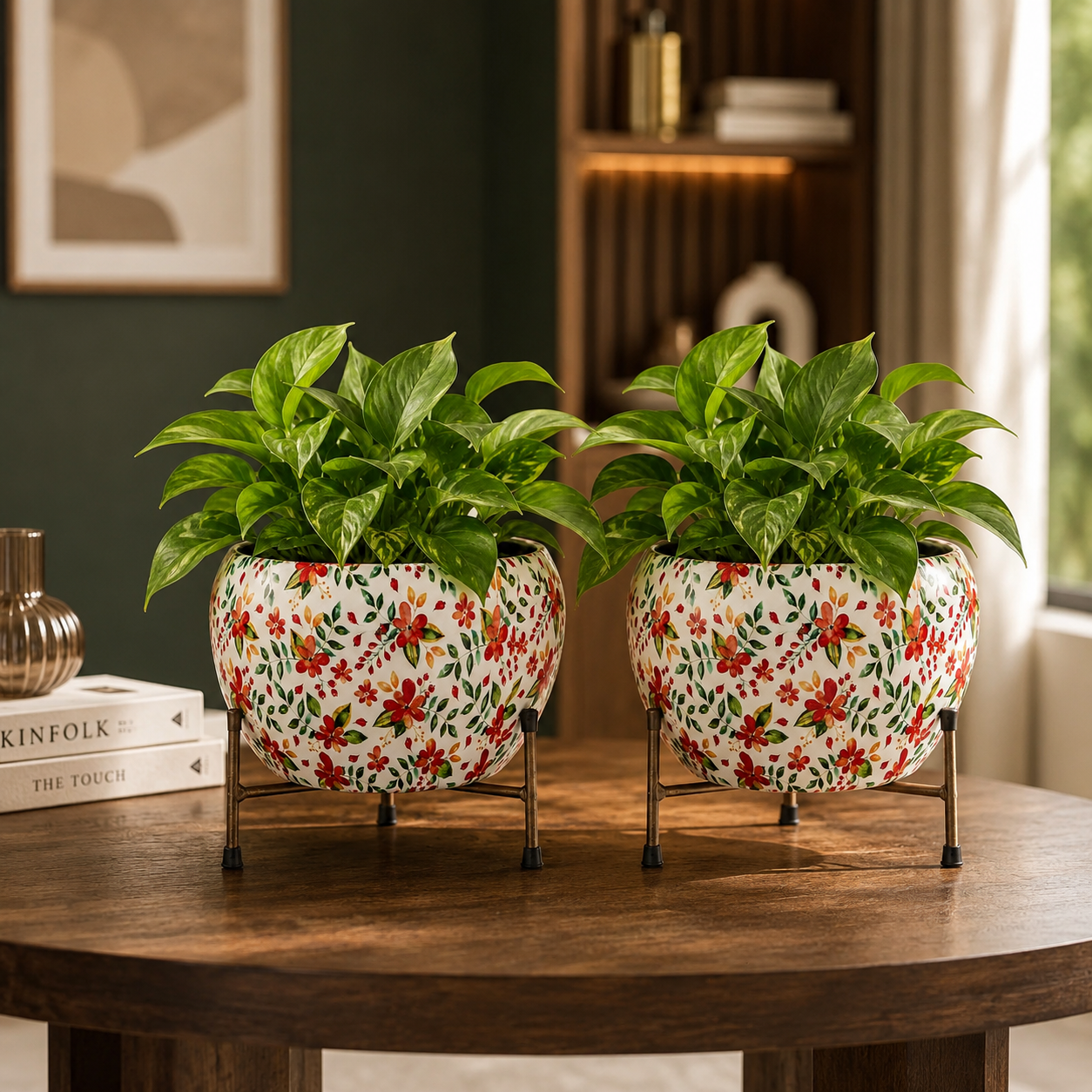 Elegant Black Marble Print Planter with Metal Stand | Decorative Indoor Plant Pot