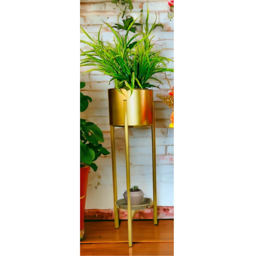 Luxury Gold Metal Tall Plant Stand with Bottom Tray | Modern Indoor Floor Planter for Living Room Décor