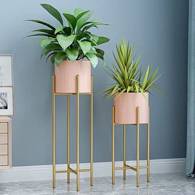 Premium Gold Metal Plant Stand Set of 2 with Dual-Tier Tray | Luxury Indoor Planters for Living Room Décor
