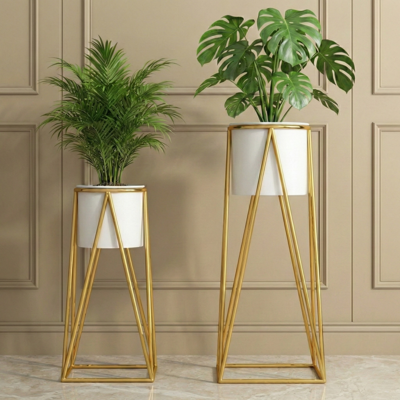 White & Gold Metal Planter Stand Set of 2 – Modern Tall Indoor Floor Planters