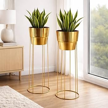Modern Gold Metal Planter Stand Set of 2 | Luxury Indoor Flower Pot Holders with Tall Iron Stands