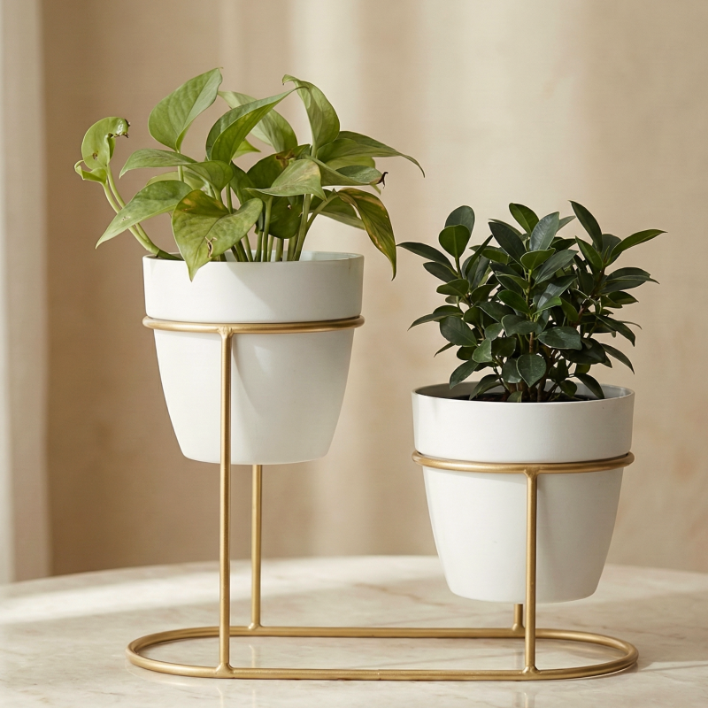 White Dual Metal Planter Stand – Modern Indoor Plant Holder Set