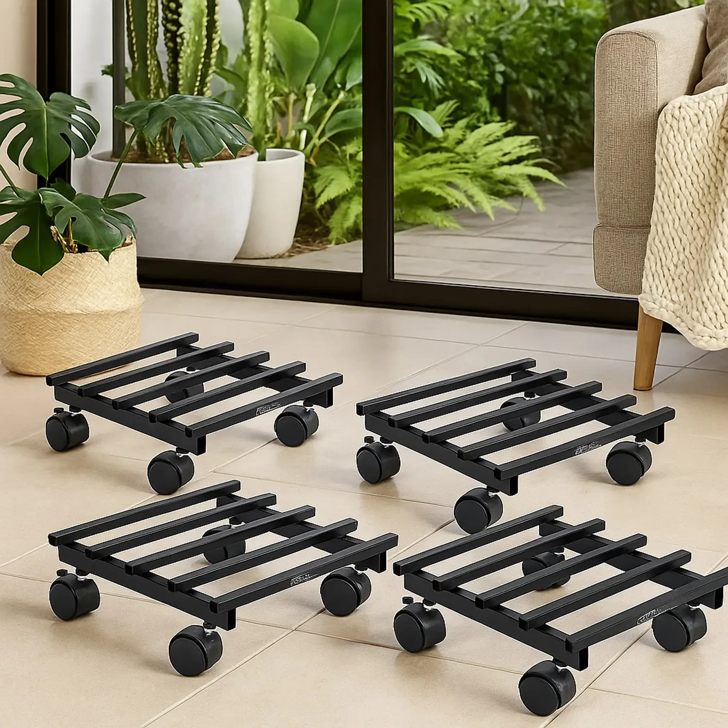 Set of 4 Heavy-Duty Metal Plant Trolleys with Wheels | Movable Flower Pot Stands for Indoor & Outdoor Use