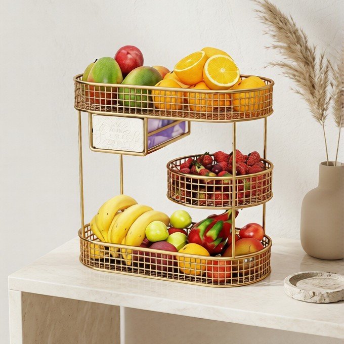 Premium 3-Tier Gold Metal Fruit & Vegetable Basket – Multi-Layer Kitchen Organizer