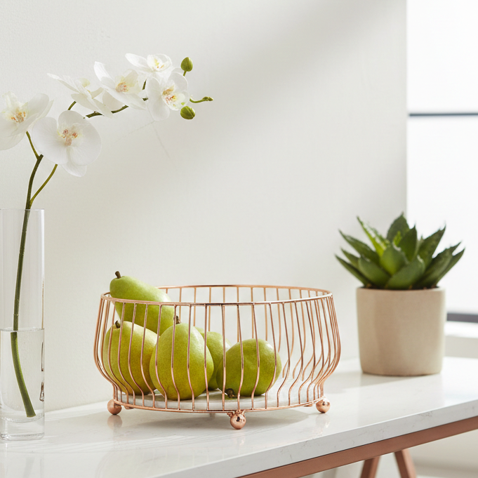 Elegant rose gold fruit basket designed for stylish storage and modern countertop display.