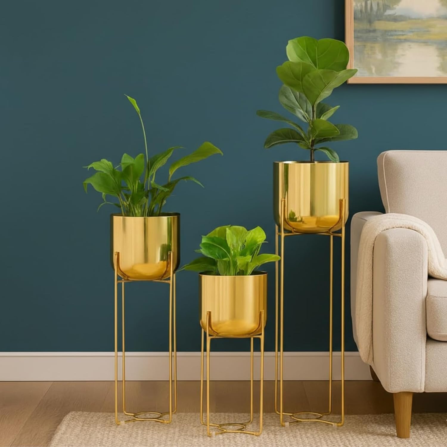 Elevé Metal Planter with Stand Set, 3 Modern Planters with Stands, 16-24.5 Inch Height (Gold)