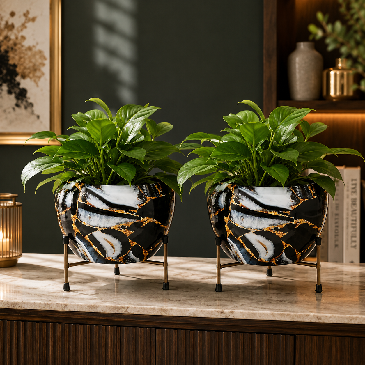 Elegant Black Marble Print Planter with Metal Stand | Decorative Indoor Plant Pot