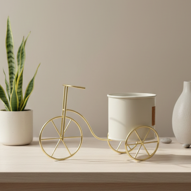 Metal Bicycle Planter Stand with Pot – Decorative Tabletop Plant Holder