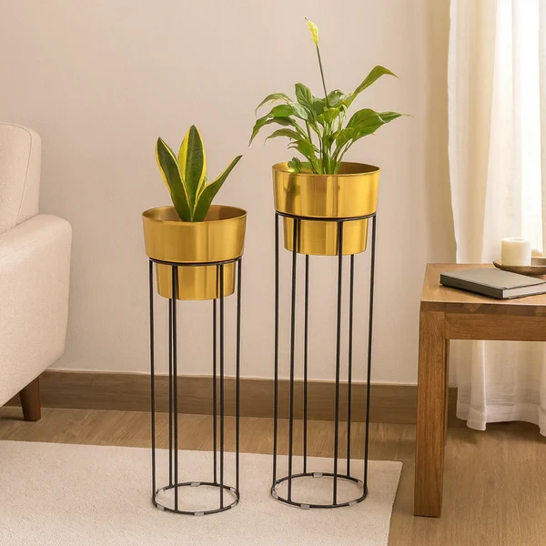 Modern Gold Metal Planter Stand Set of 2 | Tall Indoor Plant Holders with Black Iron Frame