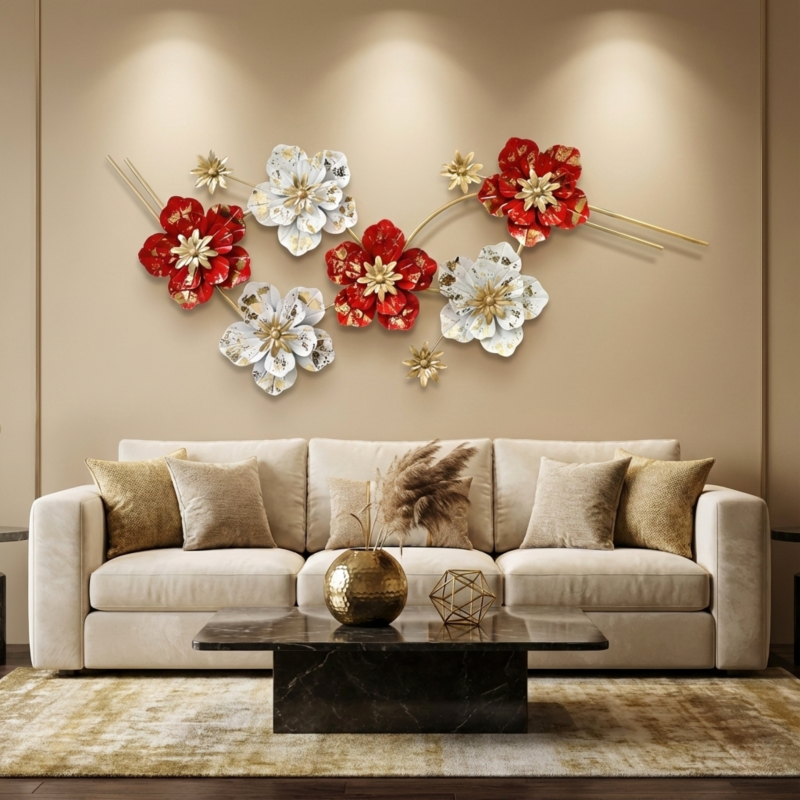 Luxury Red & White Floral Metal Wall Art – Premium Designer Flower Wall Décor