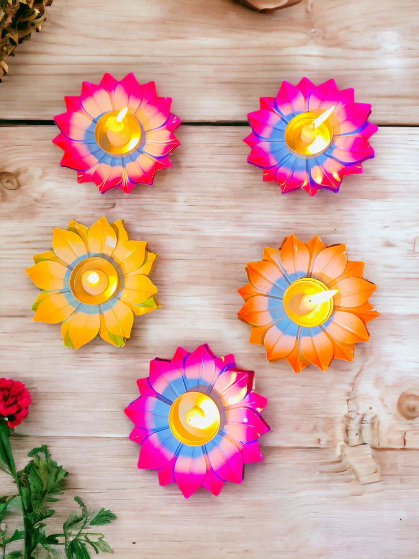 Colorful Lotus LED Diya Set for Diwali Decoration | Decorative Floating Style Electric Diyas | Festive Home Decor, Rangoli & Pooja (Pack of 5)