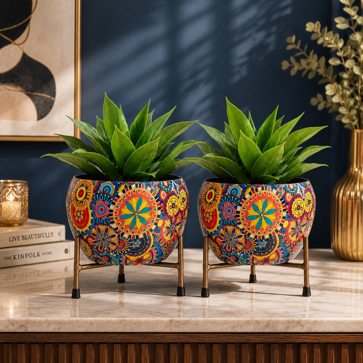 Decorative Metal Plant Stand with Colorful Printed Planter | Indoor Tabletop Flower Pot Holder