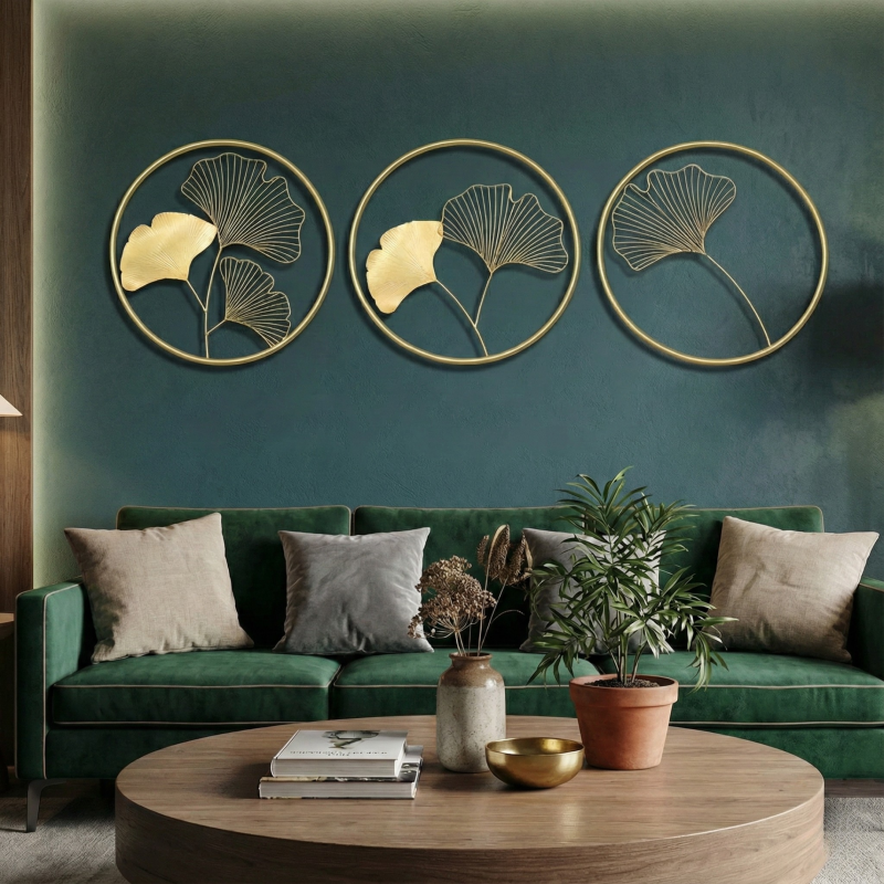 Luxury Ginkgo Leaf Metal Wall Art Set of 3 – Round Gold Designer Wall Décor
