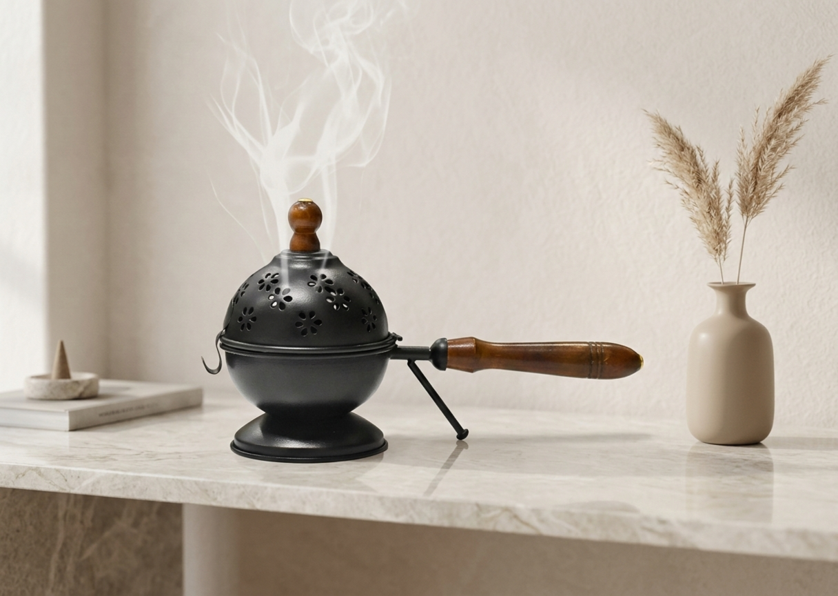 Premium Black Metal Dhoop & Incense Burner with Wooden Handle – Modern Sambrani Holder