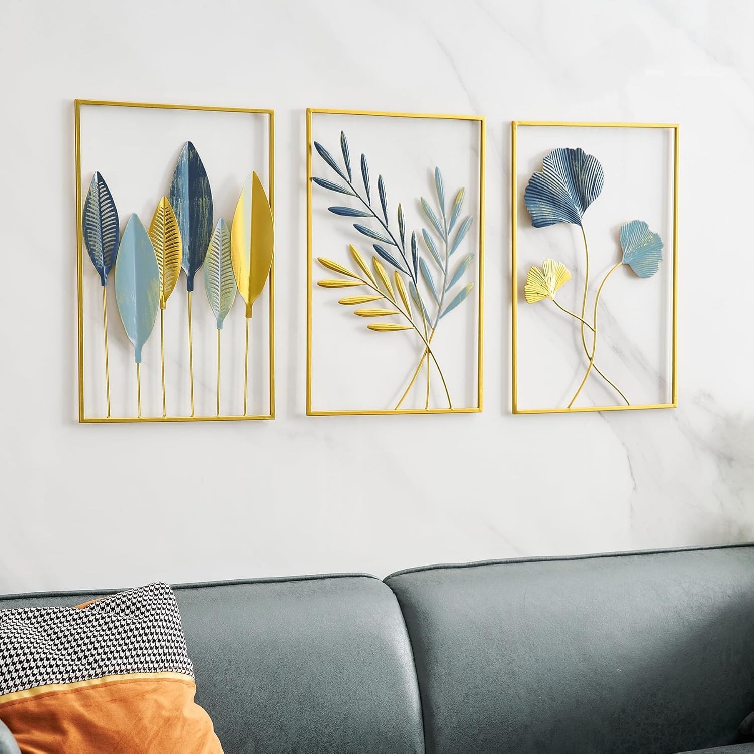 Metal Leaf Wall Art Set of 3 – Blue & Gold Botanical Framed Wall Decor