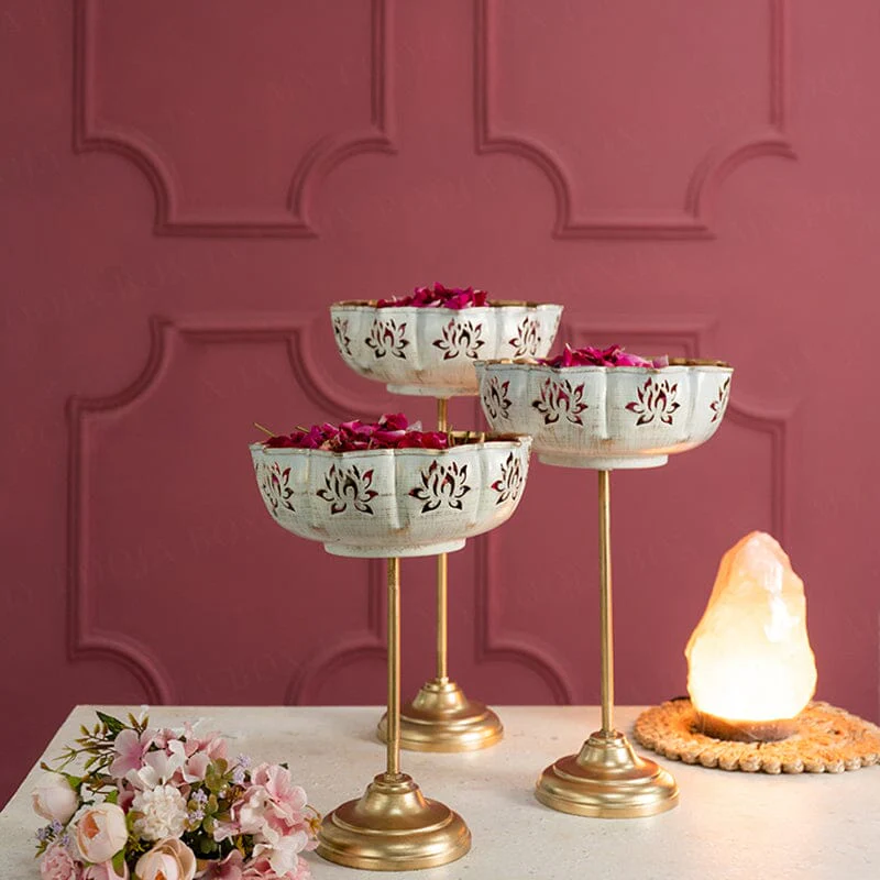 Premium Metal Urli Bowl Stand Set with Cutwork Design | Elevated Flower & Floating Candle Holder for Diwali Decoration | Festive Table Centerpiece (Set of 3)