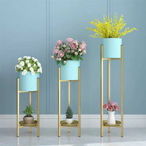 Modern Pastel Blue & Gold Metal Plant Stand Set of 3 with Bottom Tray | Luxury Indoor Planters for Living Room Décor
