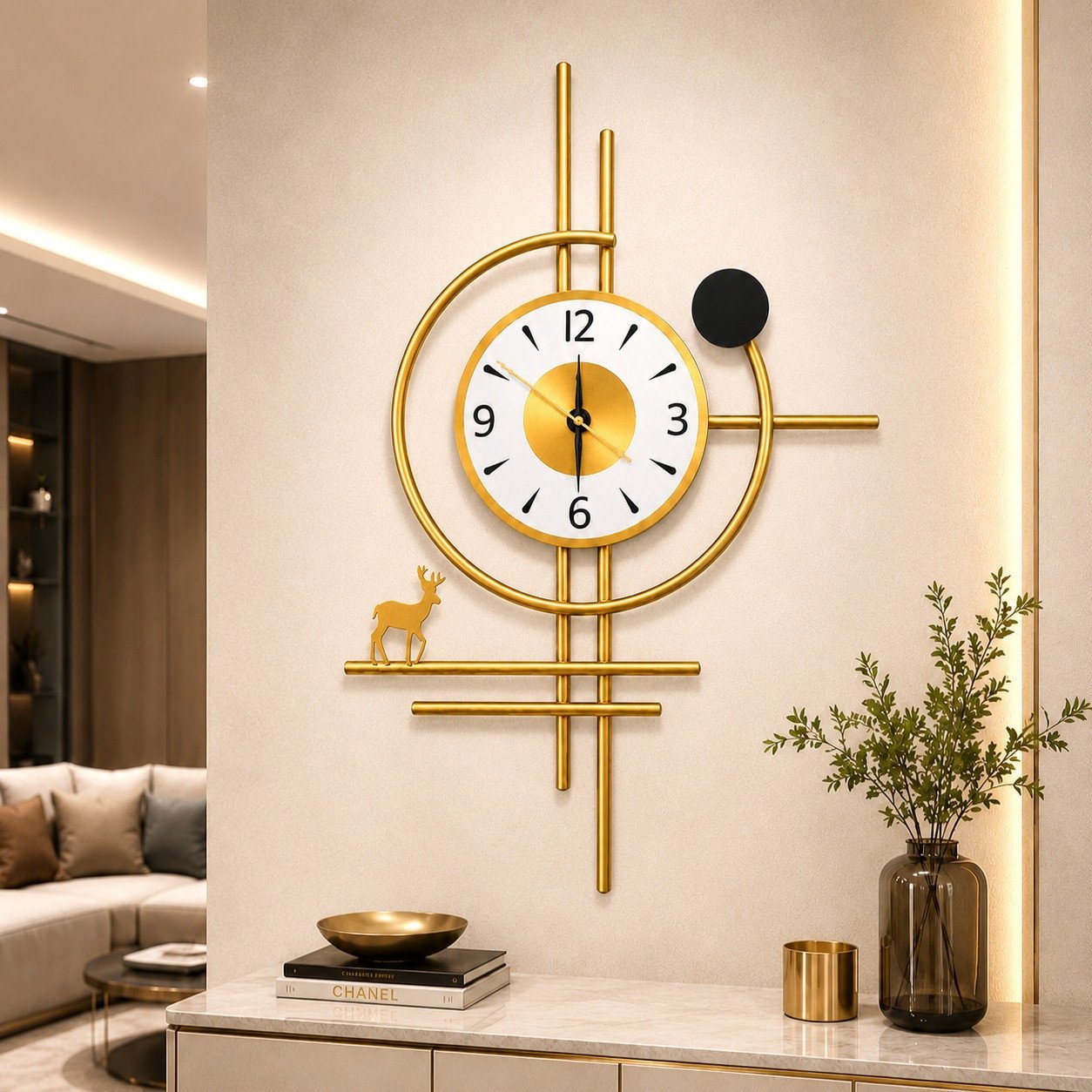 Luxury Metal Wall Clock for Living Room Big Size | Modern 3D Gold Deer Design