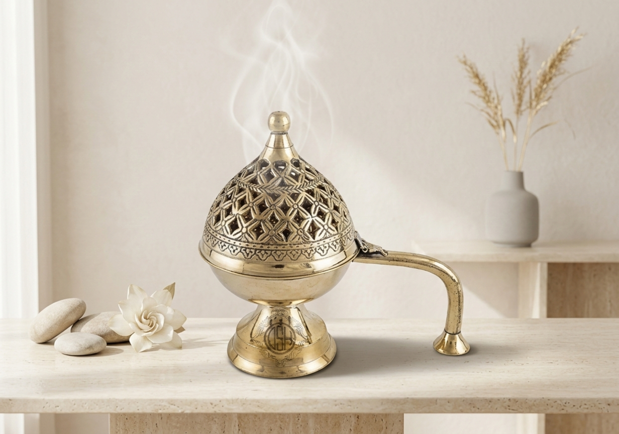 Premium Brass Dhoop & Incense Burner with Handle – Traditional Aromatherapy Holder