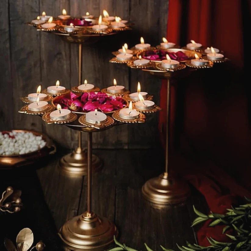 Luxury Metal Diya Stand Set with Tealight Holders | Multi-Tier Candle Stand for Diwali Decoration | Festive Floor Decor for Home, Wedding & Pooja