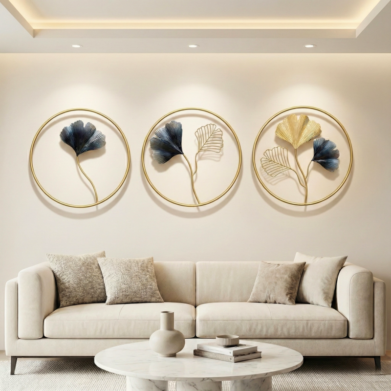 Luxury Ginkgo Leaf Metal Wall Art Set of 3 – Gold & Blue Round Designer Wall Décor