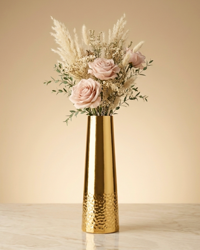 Premium Gold Metal Flower Vase – Hammered Finish Decorative Vase