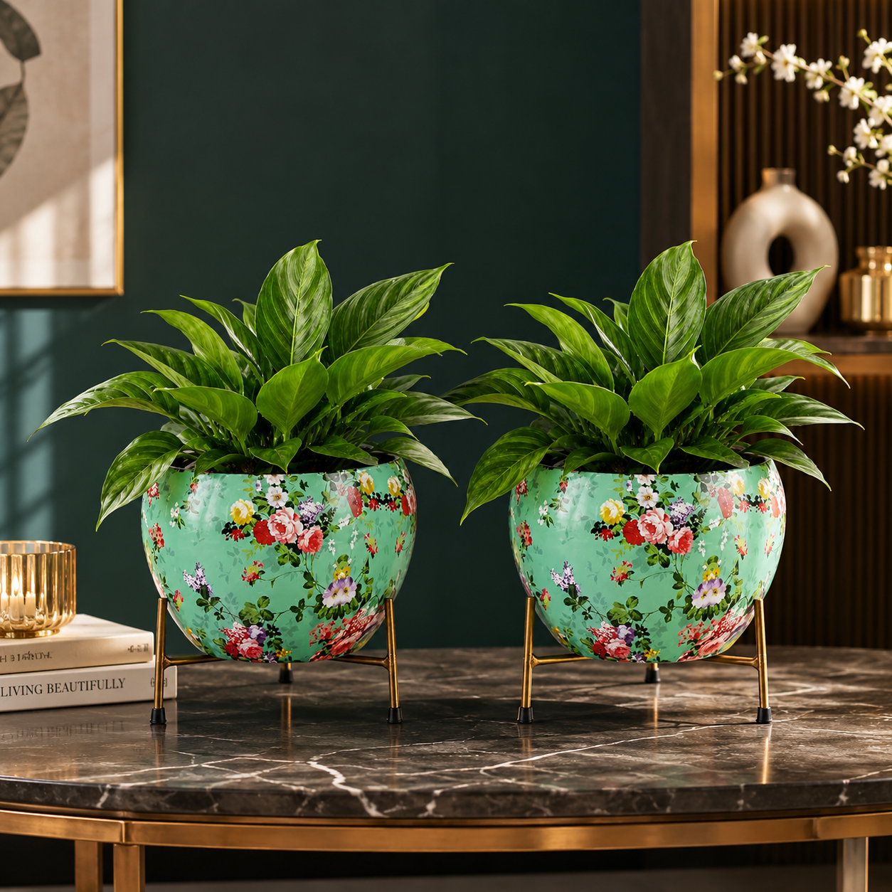 Elegant Black Marble Print Planter with Metal Stand | Decorative Indoor Plant Pot